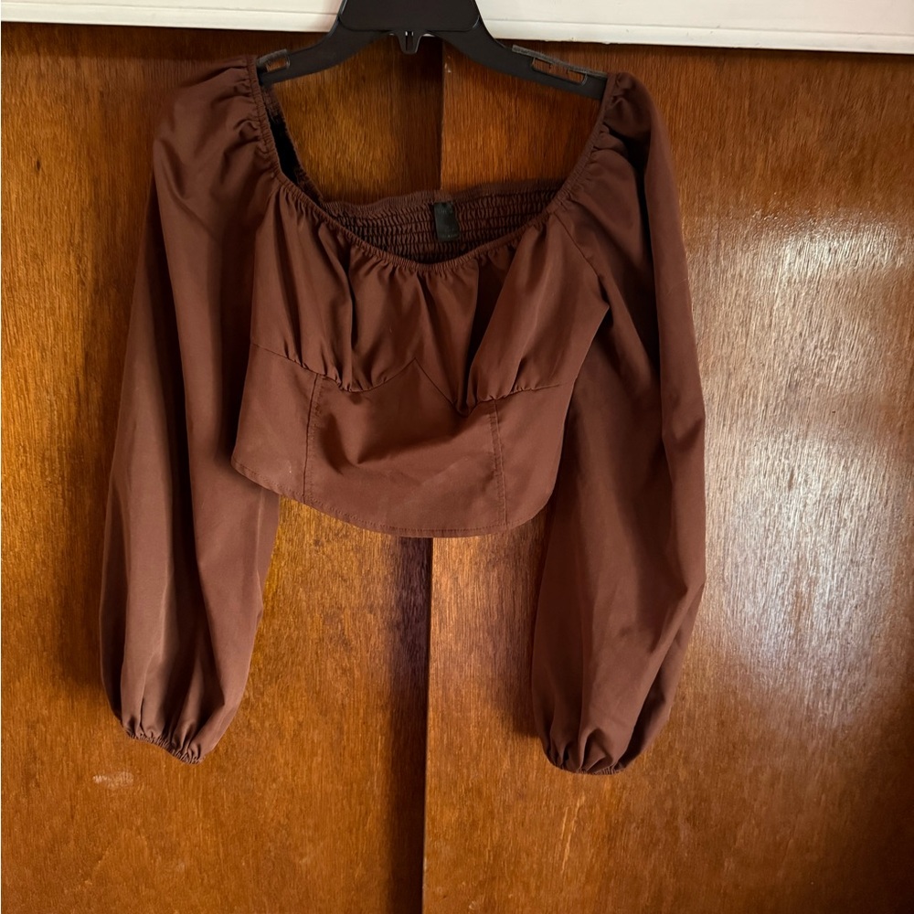 Women’s Brown Puff-Sleeve Crop Top